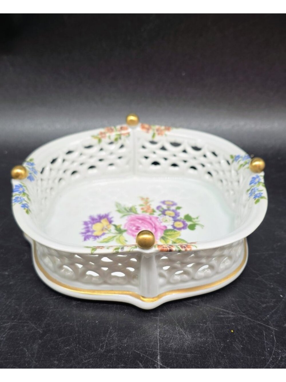 Vintage Wallendorf Reticulated Porcelain Trinket Jewelry Dish Boho Floral Glam